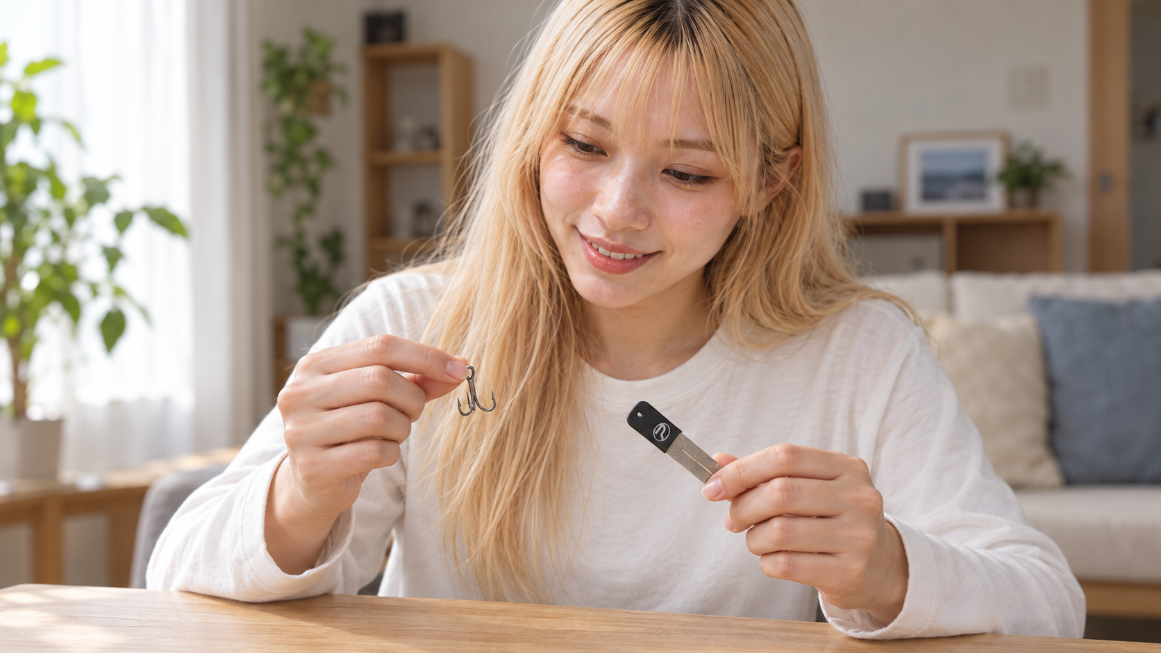 自宅のテーブルでトレブルフックとフックシャープナーを持つ女性のイメージ