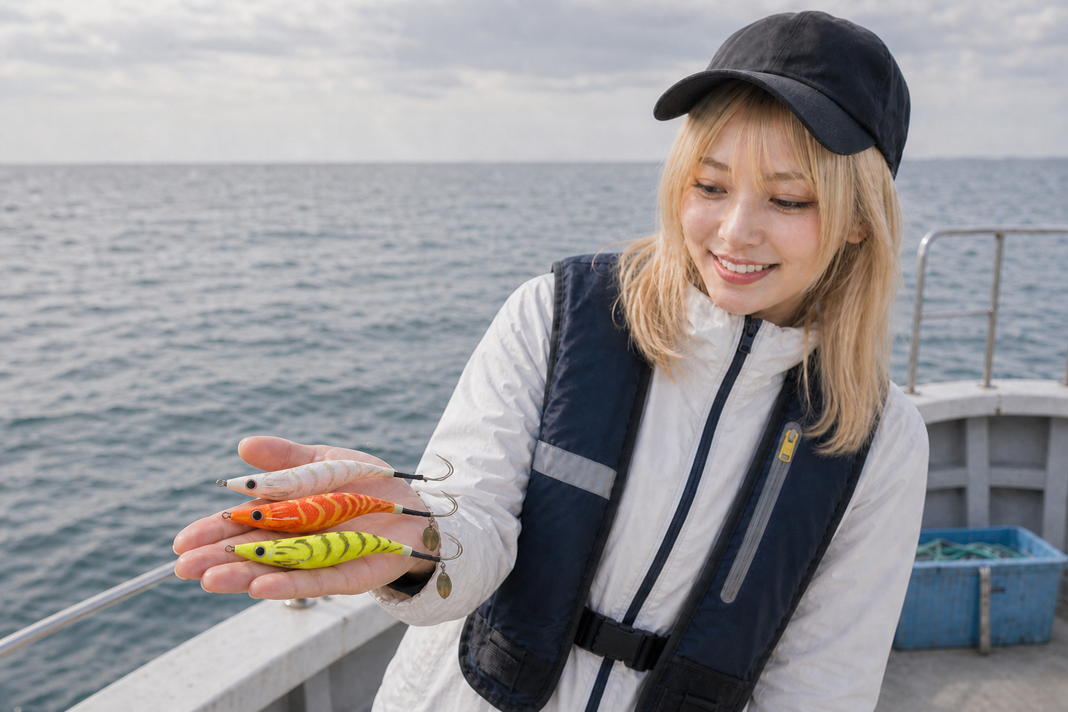 白・オレンジ・グロー系のタコエギ3本を手のひらに載せて見せる女性