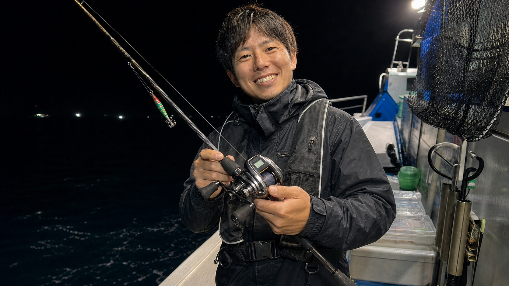 カウンター付きベイトリールを付けたロッドを手にする釣り人