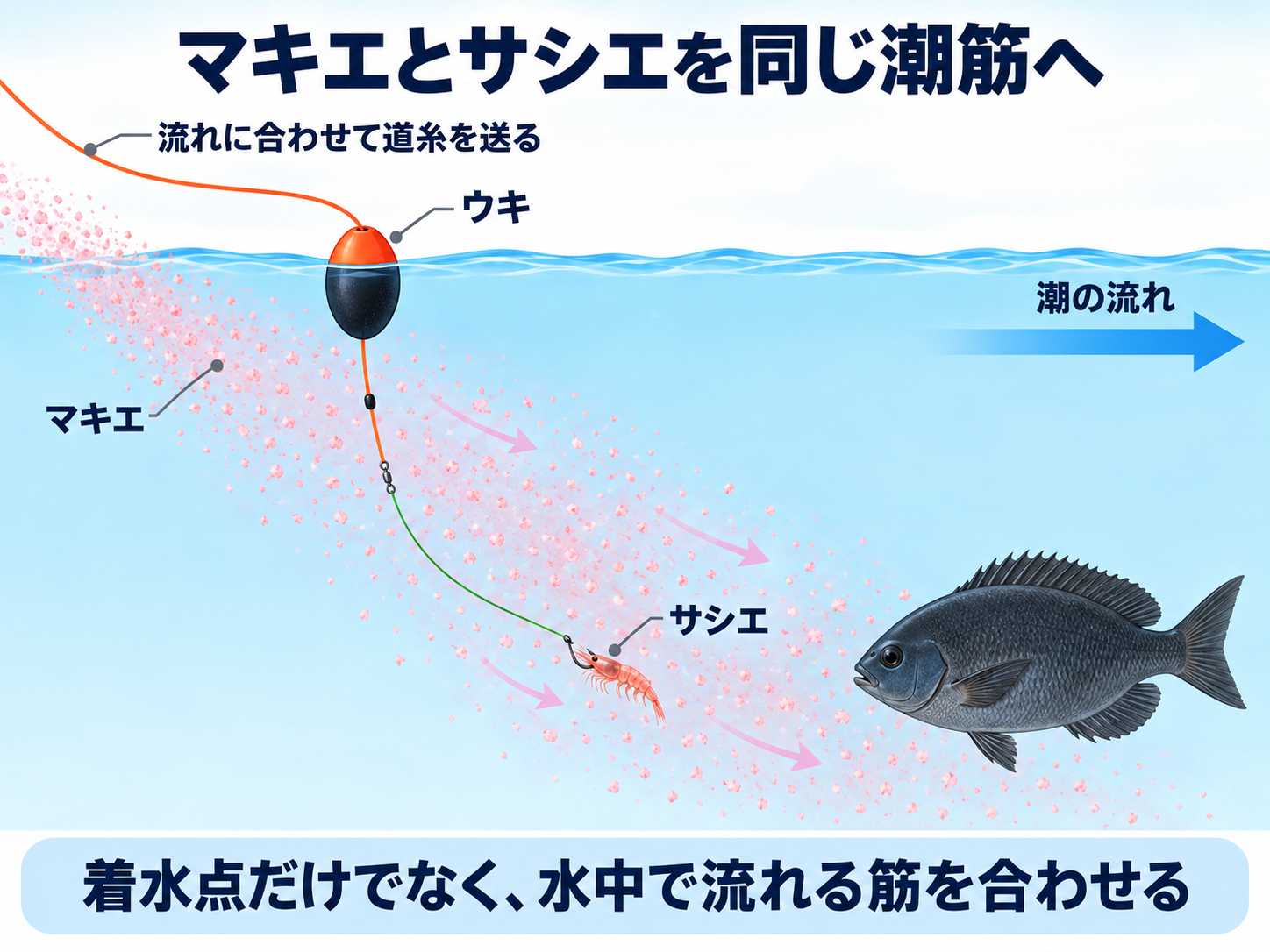 右へ流れながら沈むマキエの帯の中へサシエを合わせ、道糸を流れに応じて送る水中の模式図