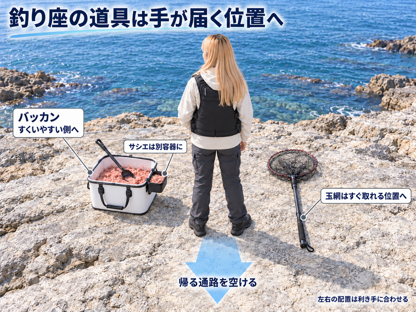 バッカンと別容器のサシエを手元に置き、反対側に玉網を用意して、背後の帰る通路を空けた釣り座の配置例
