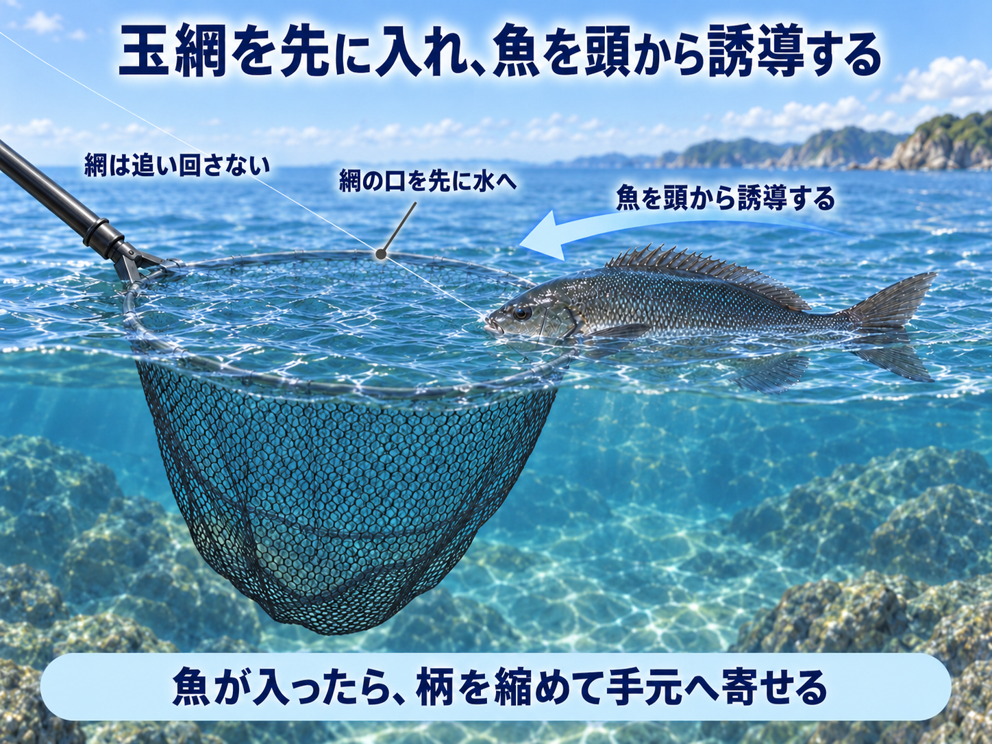 玉網の口を先に水へ沈め、浮かせたグレを頭から網へ誘導する取り込み方