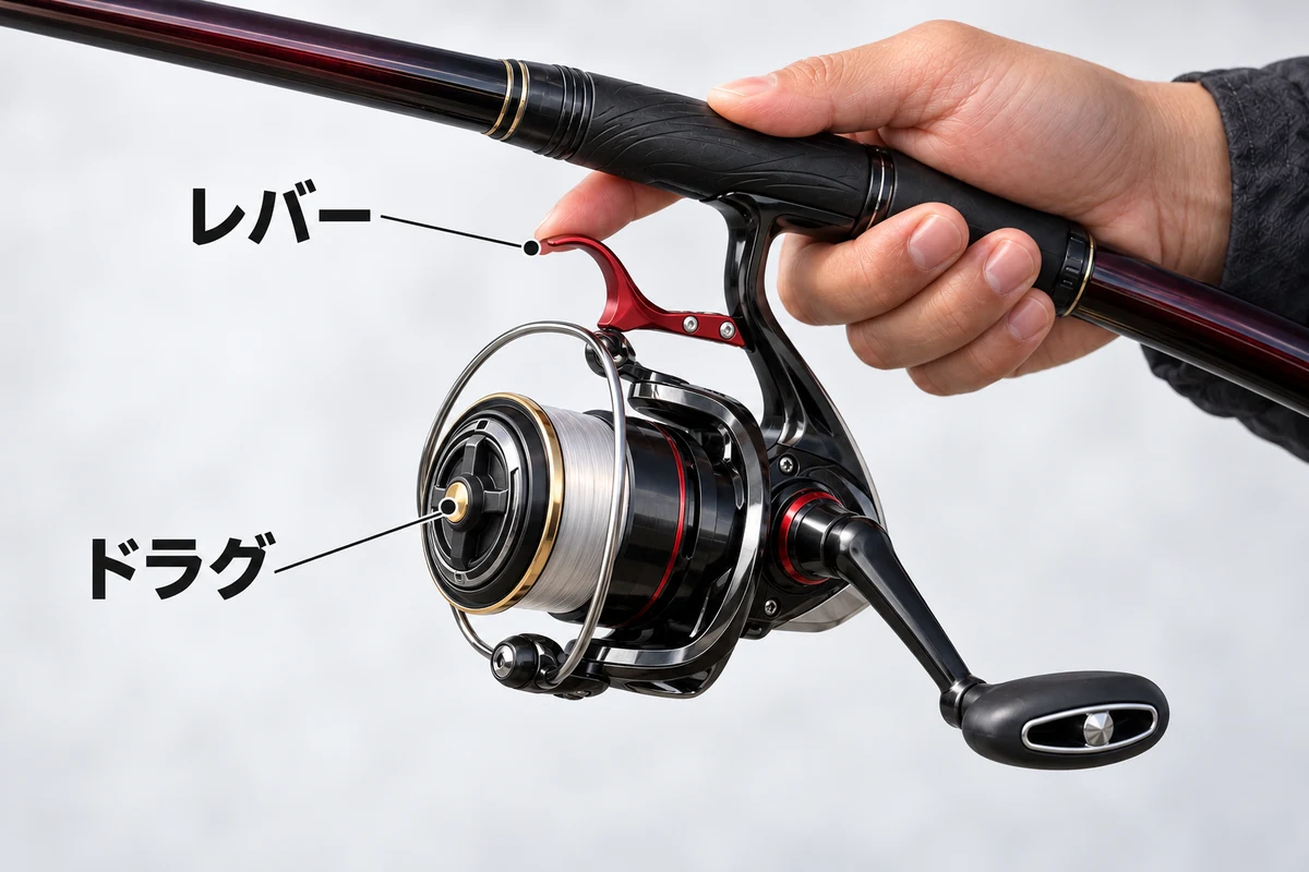 レバーブレーキリールのレバーとドラグの位置を示す図