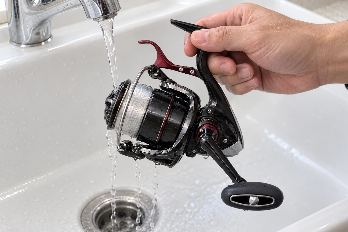 スプールを付けたレバーブレーキリールを流水で洗う手元のイメージ