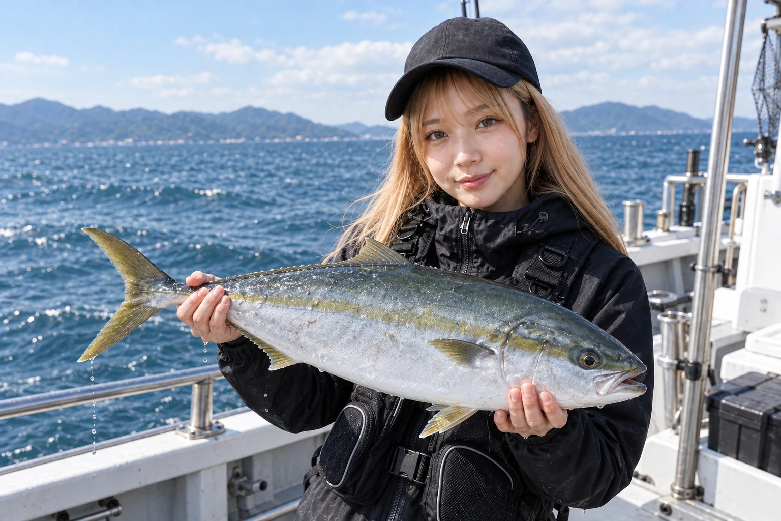 船上で釣り上げたワラサを両手で持つ女性アングラー