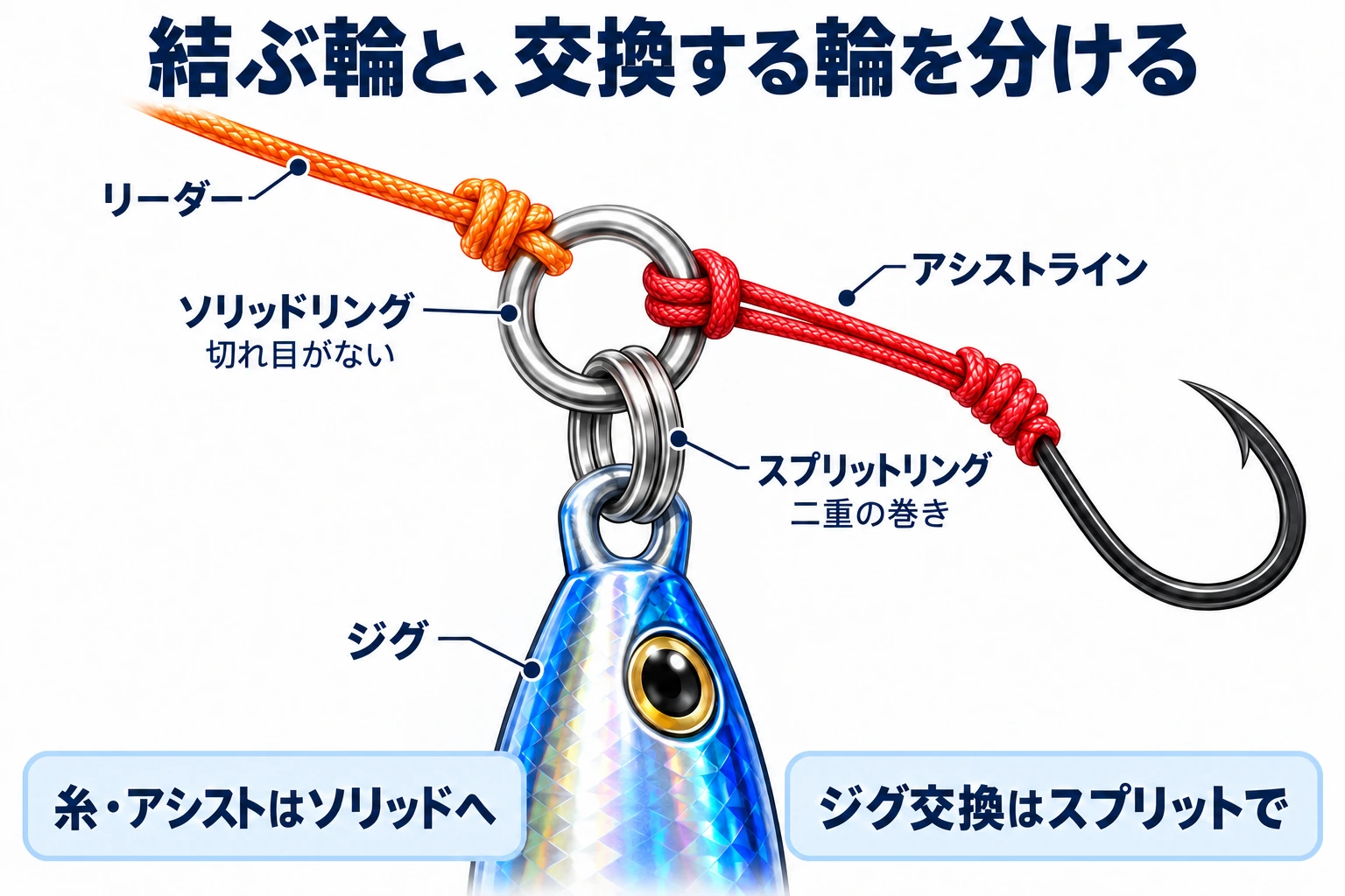 切れ目のないソリッドリングにリーダーとアシストラインを付け、二重のスプリットリングでジグをつなぐ接続拡大図