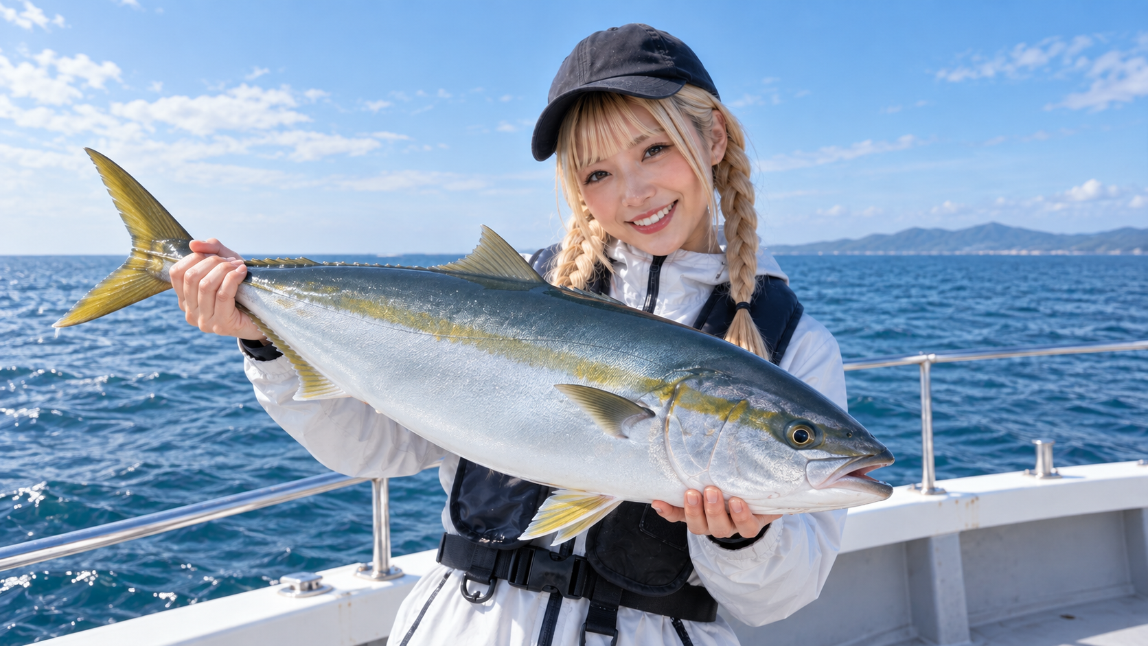 船上でブリの釣果を見せる女性アングラー