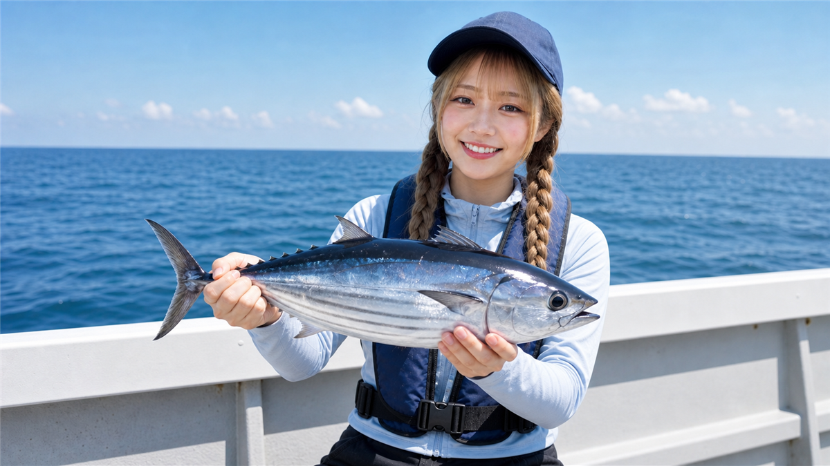 カツオキャスティングで釣れたカツオを船上で持つイメージ