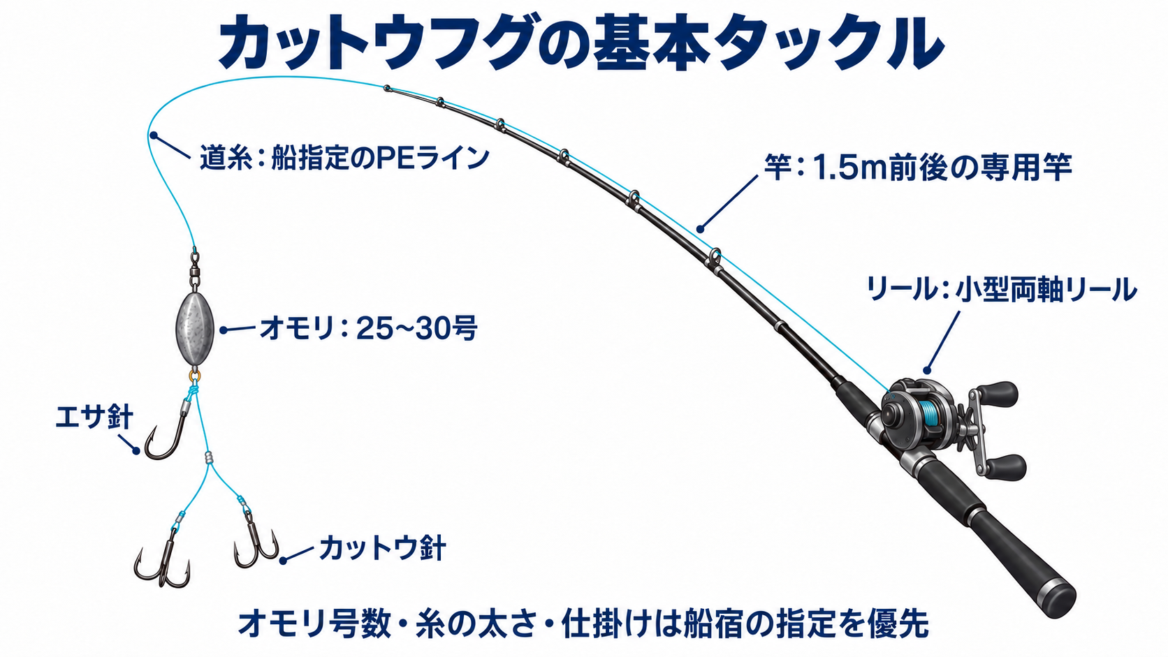 カットウフグの基本タックル図。1.5m前後の専用竿、小型両軸リール、25〜30号のオモリと仕掛けの一例