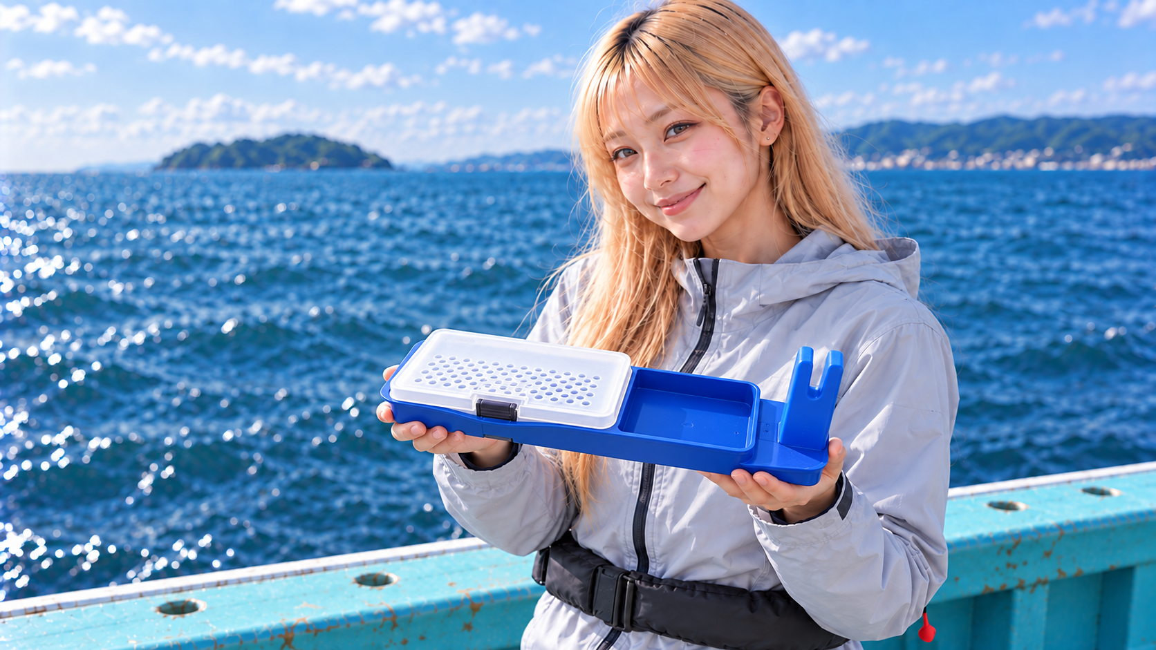 白いエサ箱と青い船べりトレイのセットを両手で持つ女性の釣り人