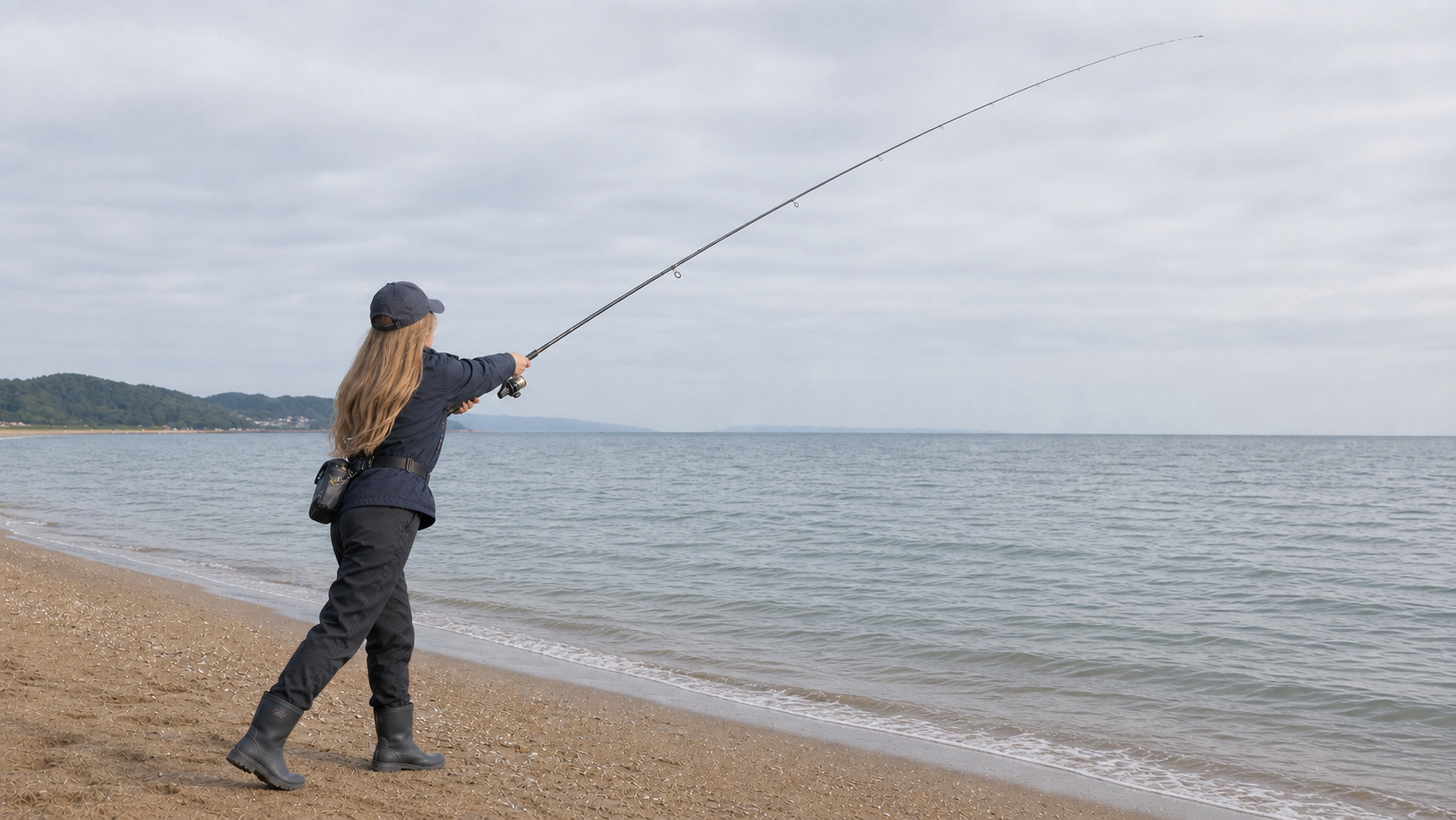 砂浜から長い投げ竿を振り抜き、沖へ遠投する女性