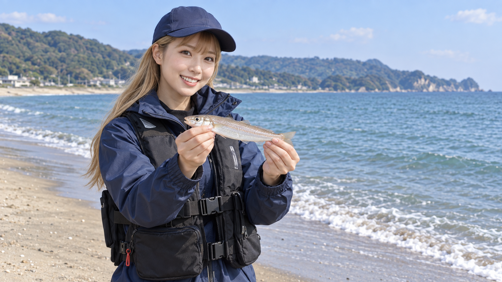 砂浜のちょい投げで釣ったキスを手に持つ女性アングラー