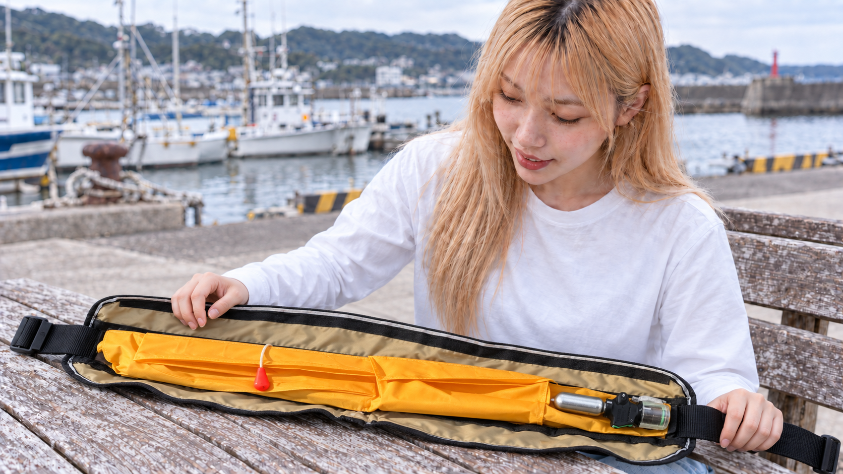 腰巻き式ライフジャケットのカバーを開いて点検する女性のイメージ