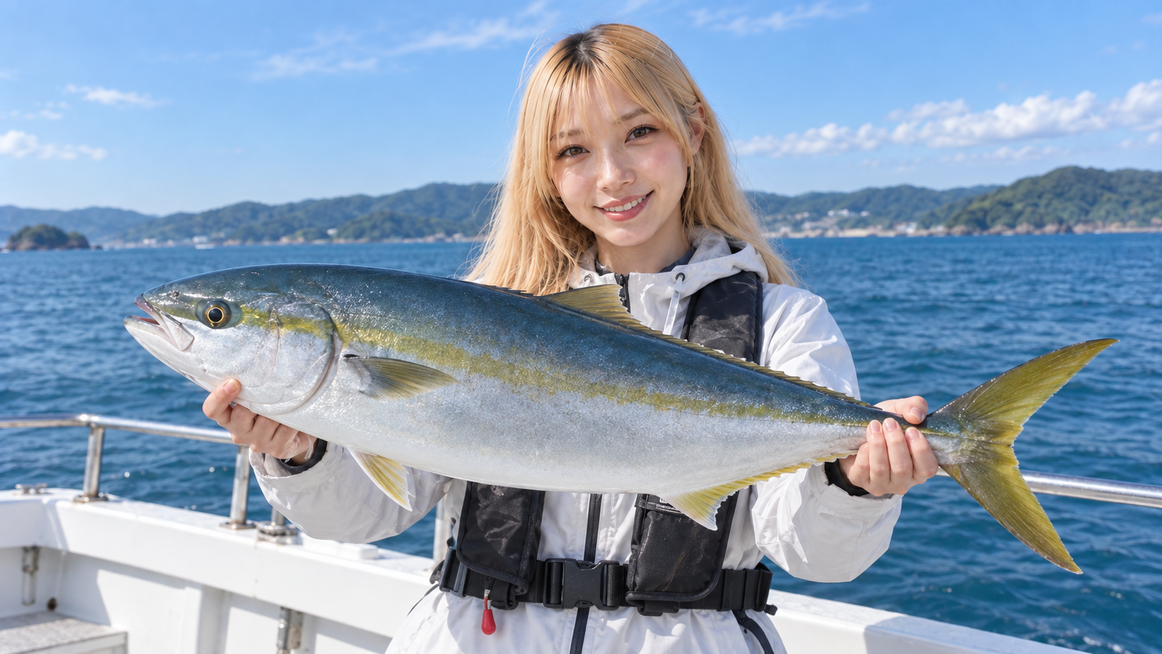 船上でライトジギングの青物釣果を持つ女性