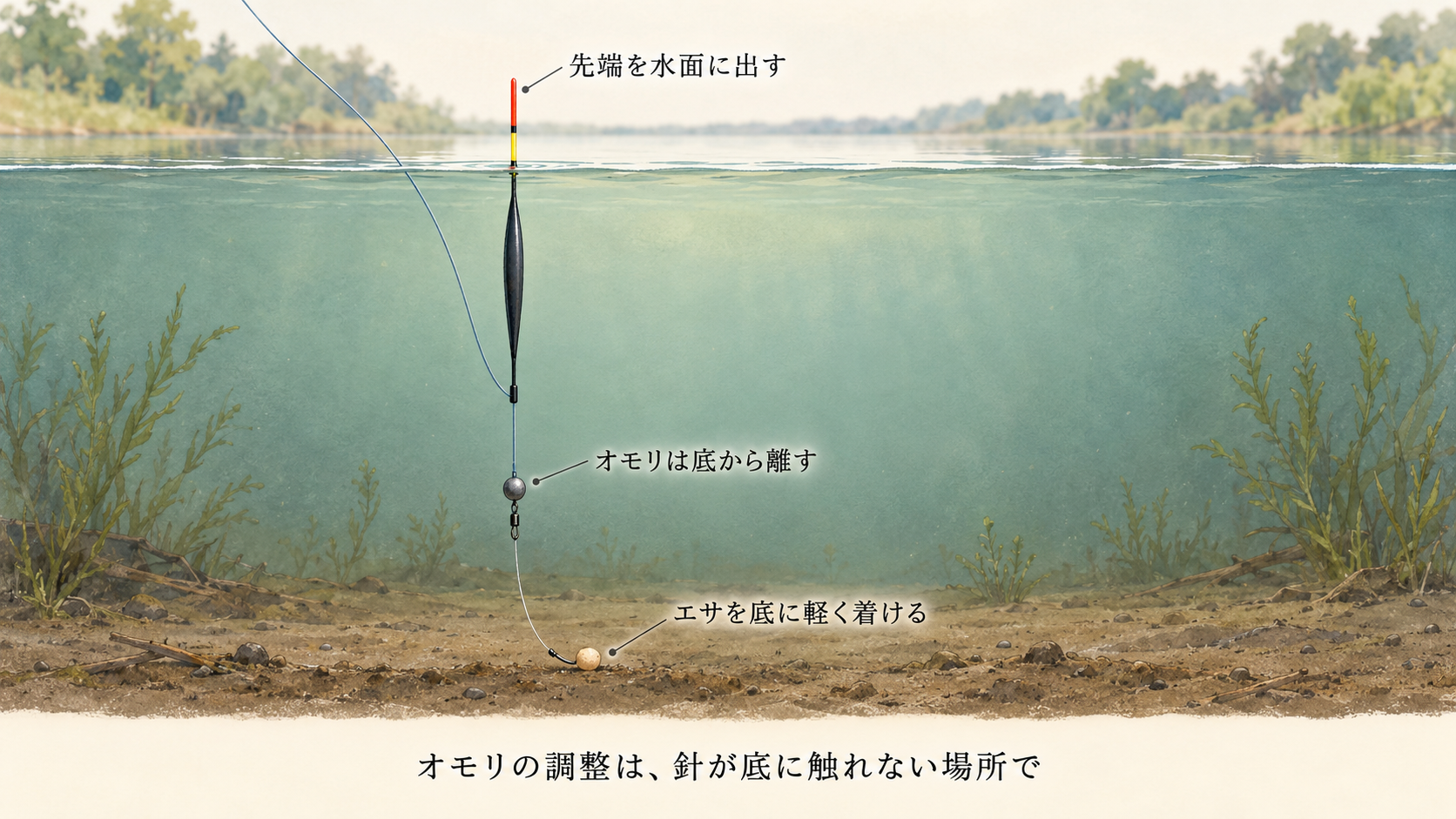 棒ウキの先端を水面へ出し、オモリは底から離して、針に付けたエサだけを水底へ軽く着ける状態