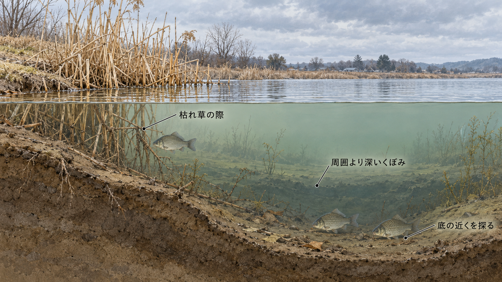 枯れ草の際と周囲より深いくぼみにいるマブナを、水面から水底までの断面で示したイメージ