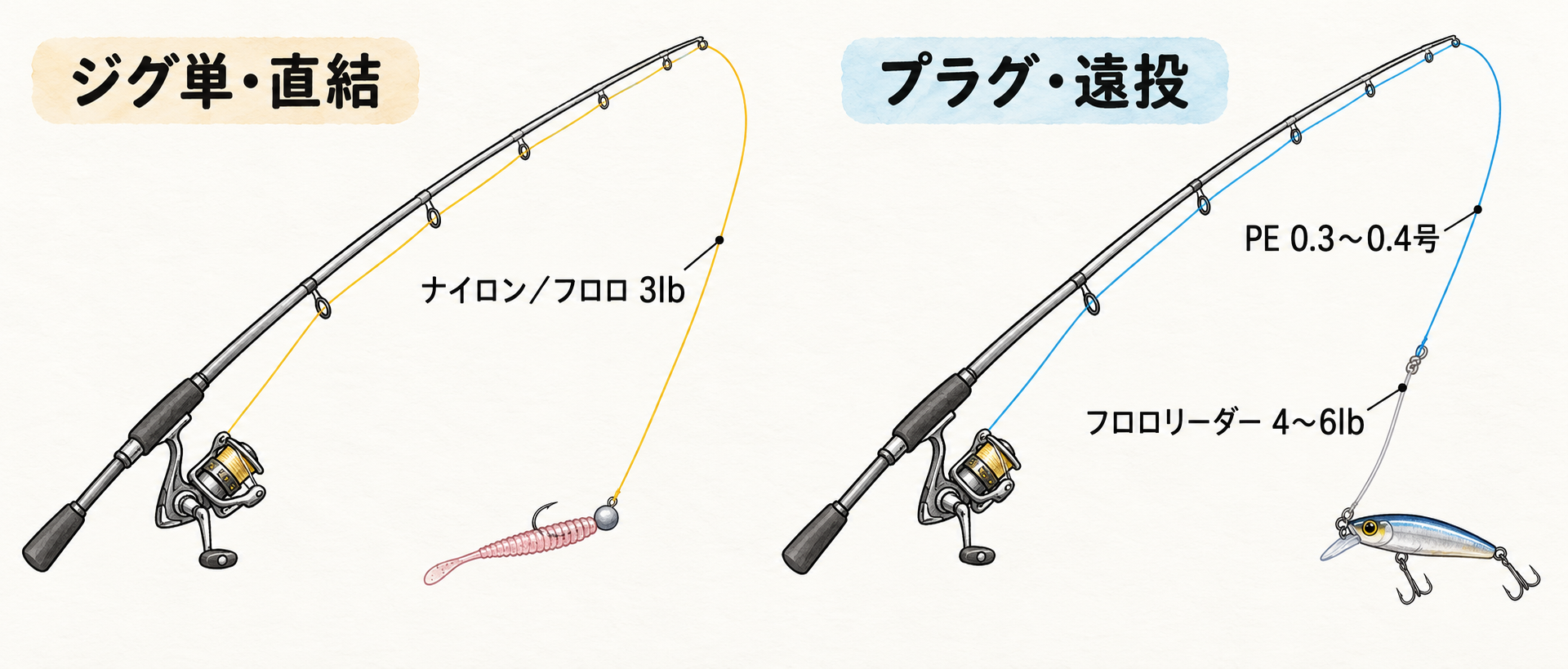左はナイロンかフロロ3lbをジグヘッドへ直結したジグ単、右はPE0.3〜0.4号にフロロリーダー4〜6lbを結んだ小型プラグ用のタックル図