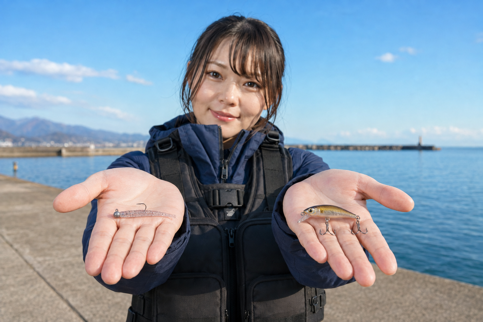 片方の手にワーム付きジグヘッド、もう片方に小型プラグを載せて見せる女性
