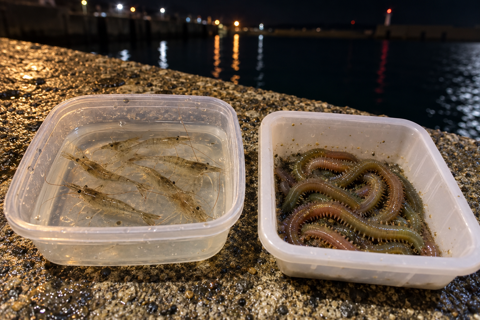 夜の堤防に置いた2つのエサ容器。左に透明な小エビのモエビ、右に青イソメ