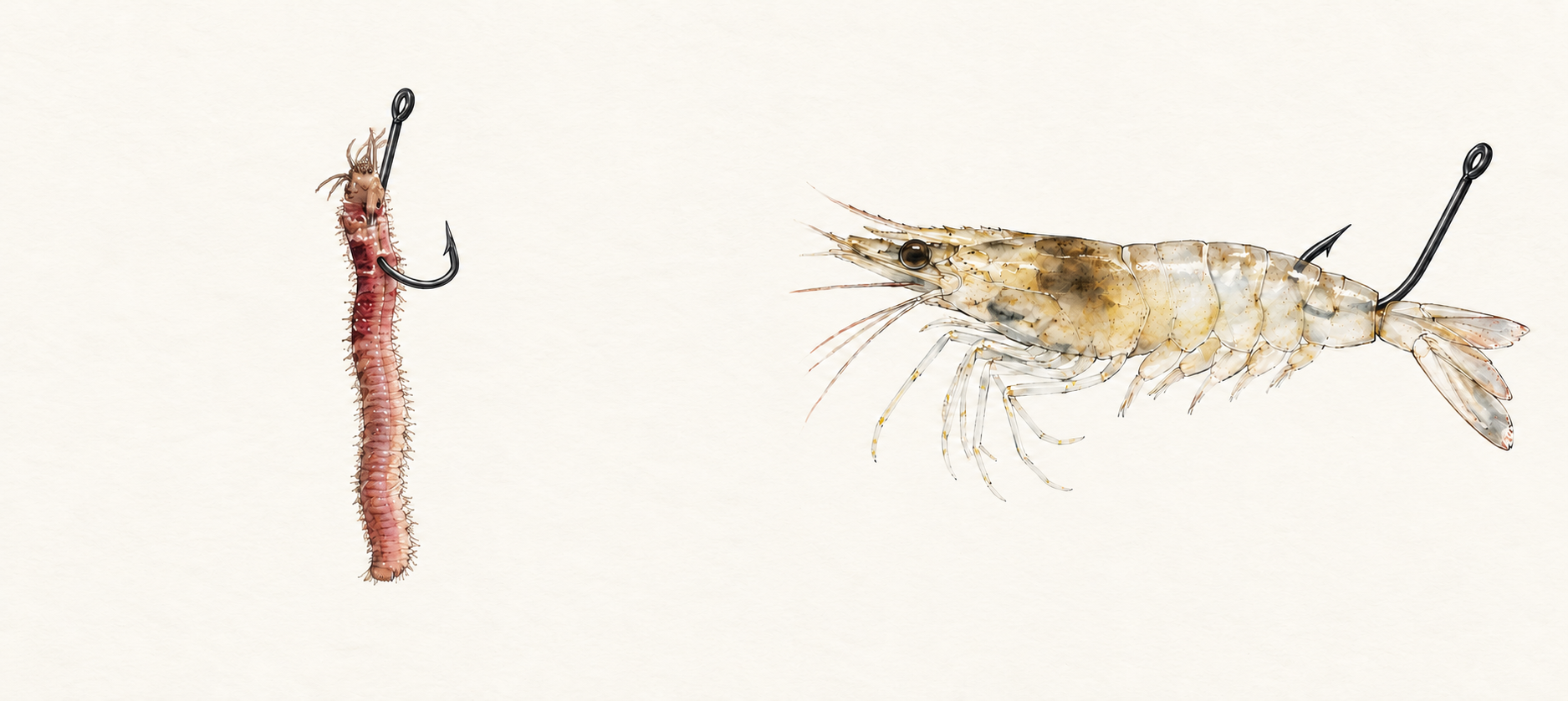 針に付けた青イソメとモエビの水彩イラスト。左が青イソメ、右がモエビ