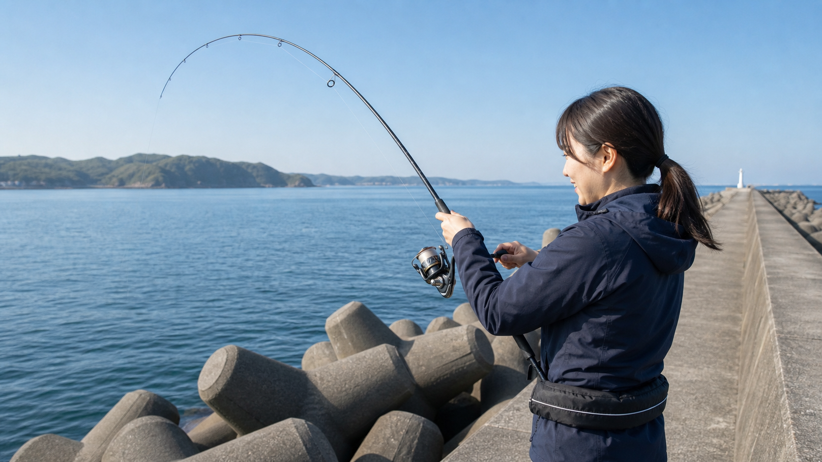 テトラ帯の堤防で竿を立て、スピニングリールを巻きながら掛けた根魚を浮かせる女性