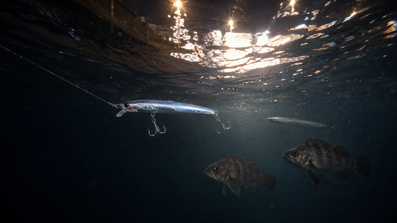 常夜灯の明暗で浮いた根魚へ、小型ミノーを水面直下で通す夜の海中イメージ