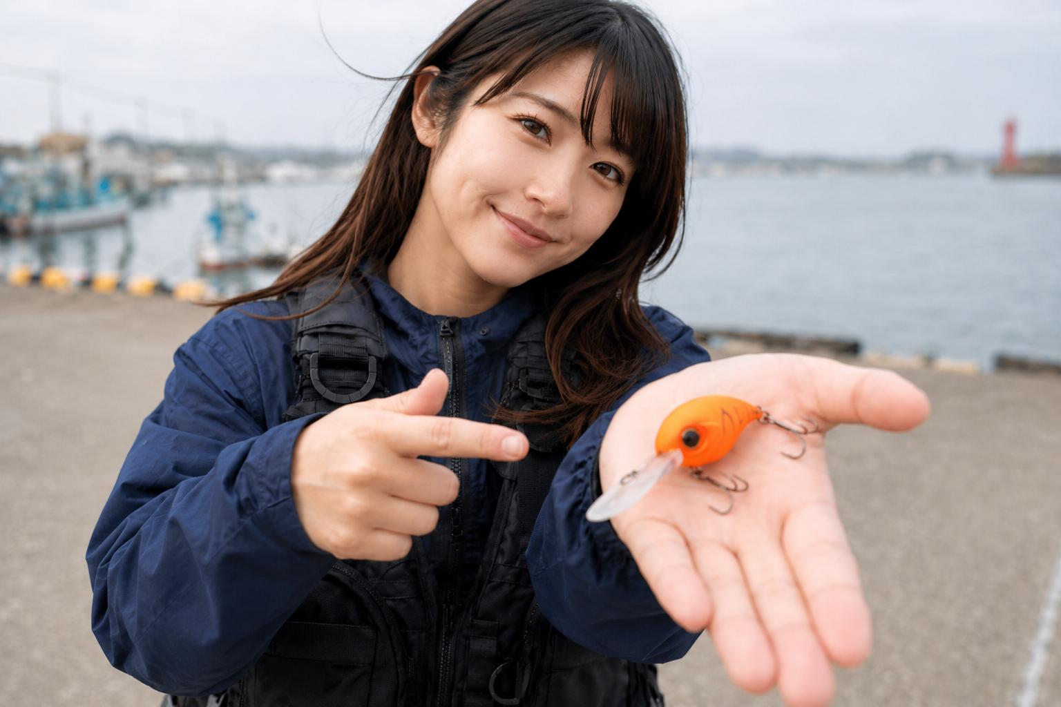 前後のトレブルフックが付いたクランクを手のひらで見せる女性