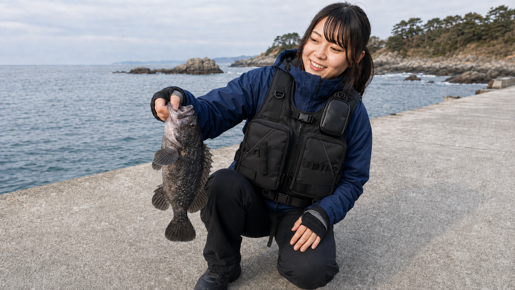 ゲームベストを着た女性が外向きの堤防でしゃがみ、クロソイの釣果を見せる様子