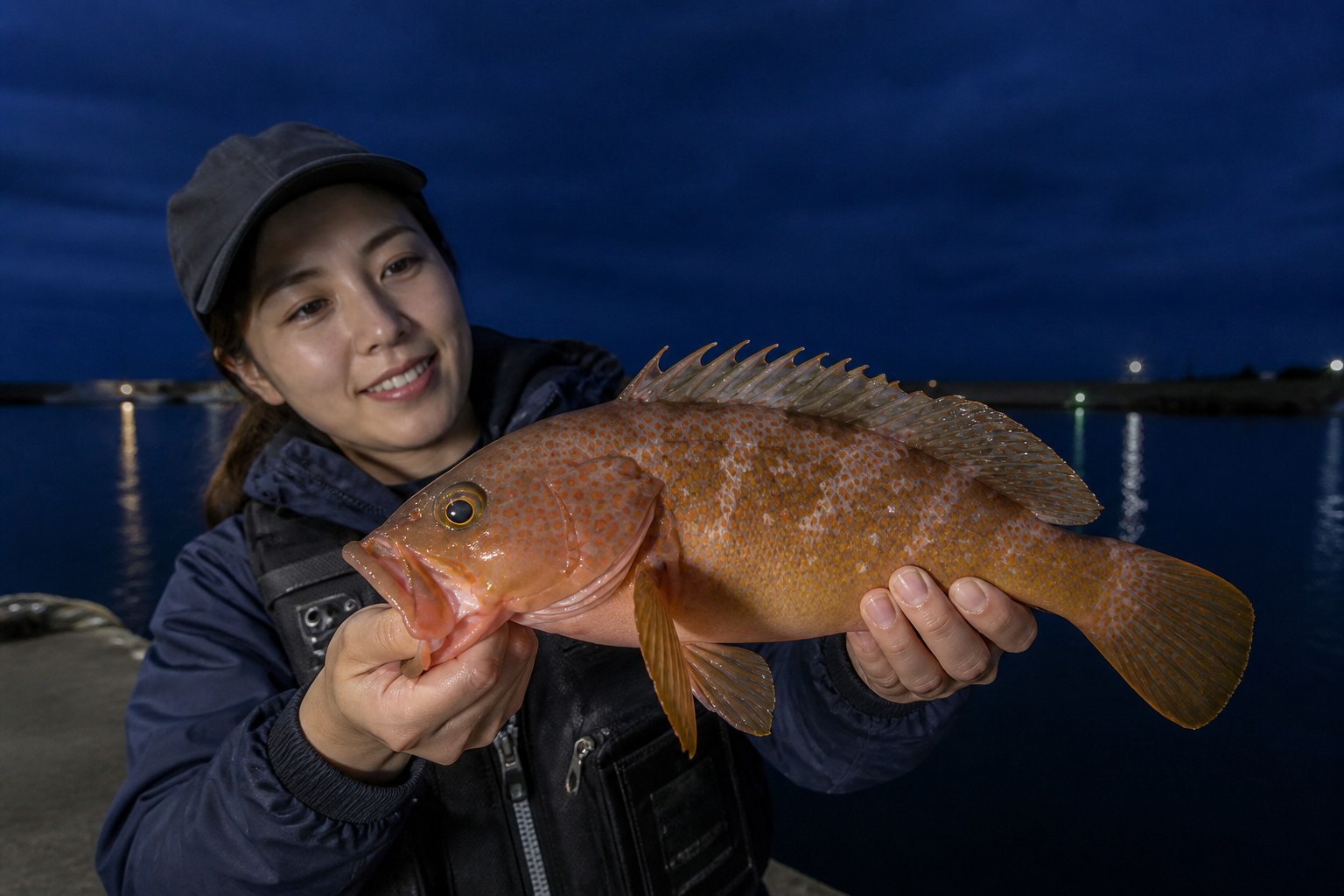 夜の堤防でキジハタを両手に持ち、釣果を見せる女性