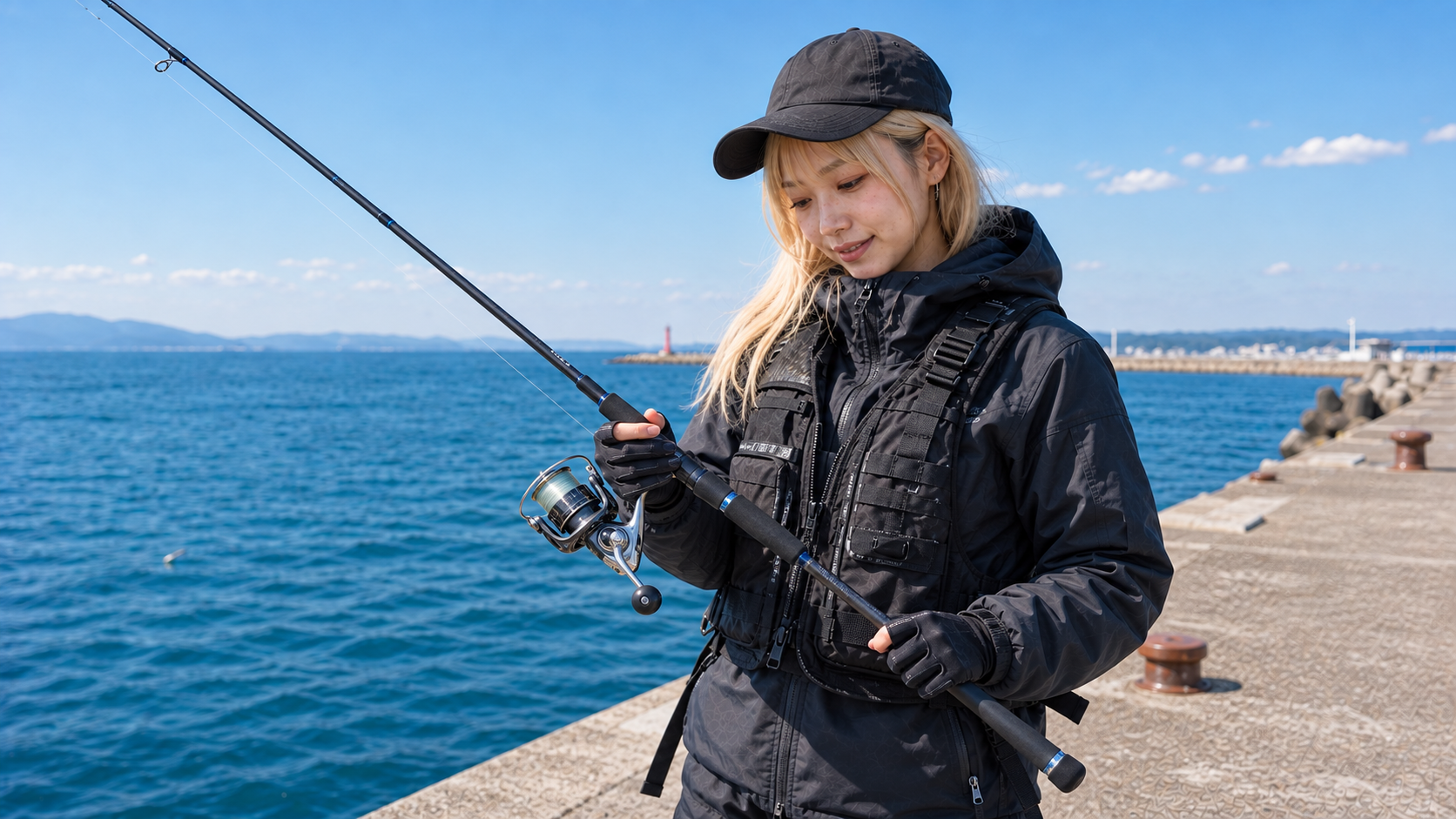 堤防でスピニングタックルを持つ女性