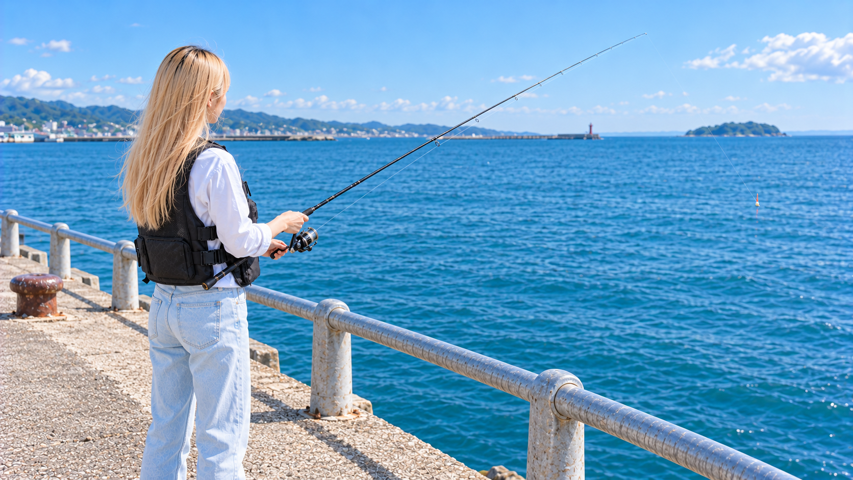 堤防で海へ竿を向け、沖の様子を探る釣り人のイメージ