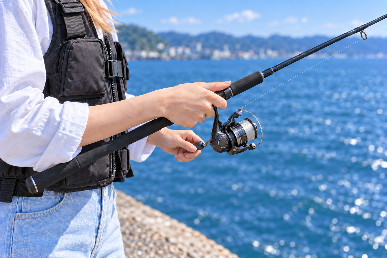 右手で竿を支え、左手でスピニングリールを巻いて魚を寄せる手元のイメージ
