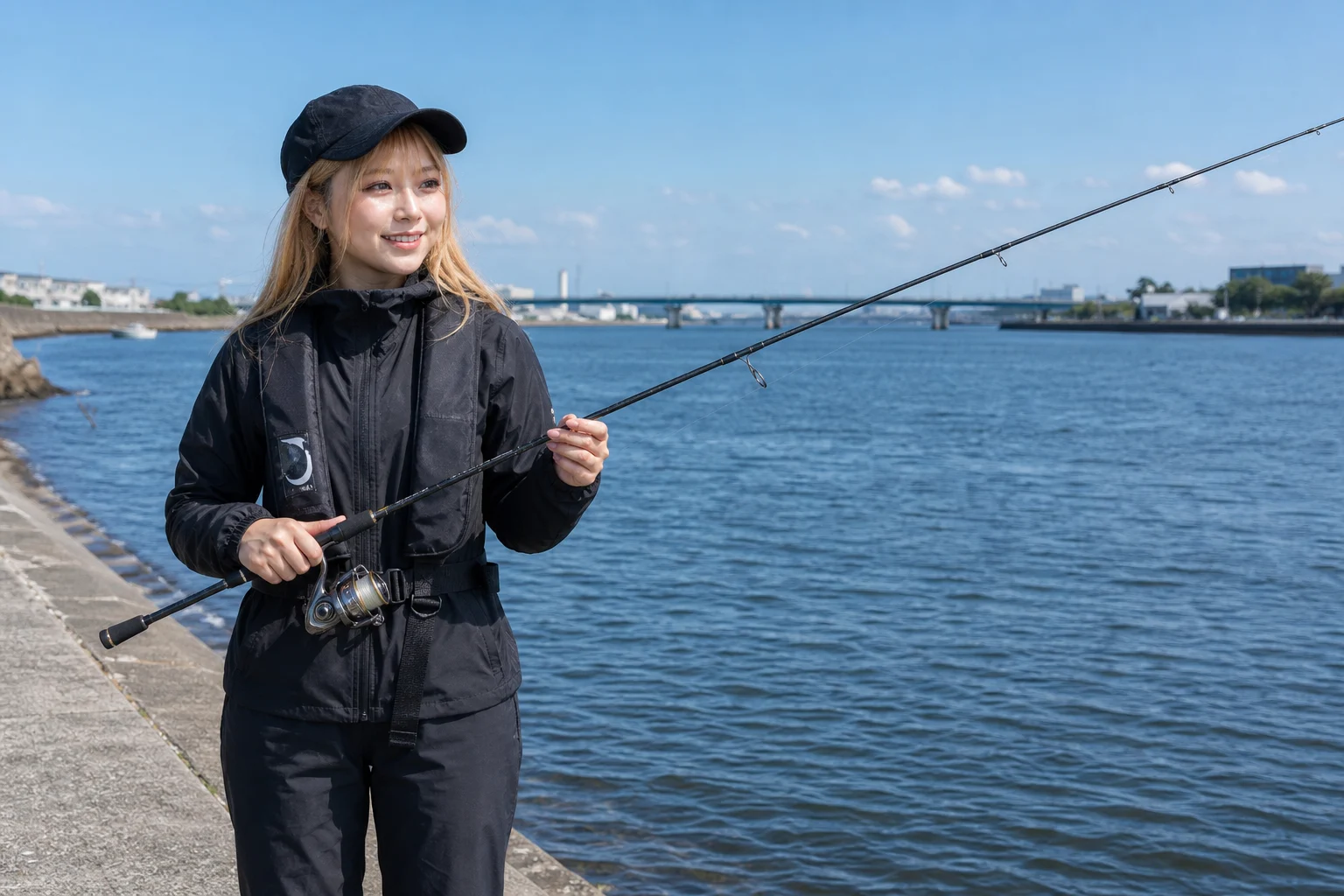 河口と港がつながる釣り場で9ft前後のスピニングロッドを持つ女性