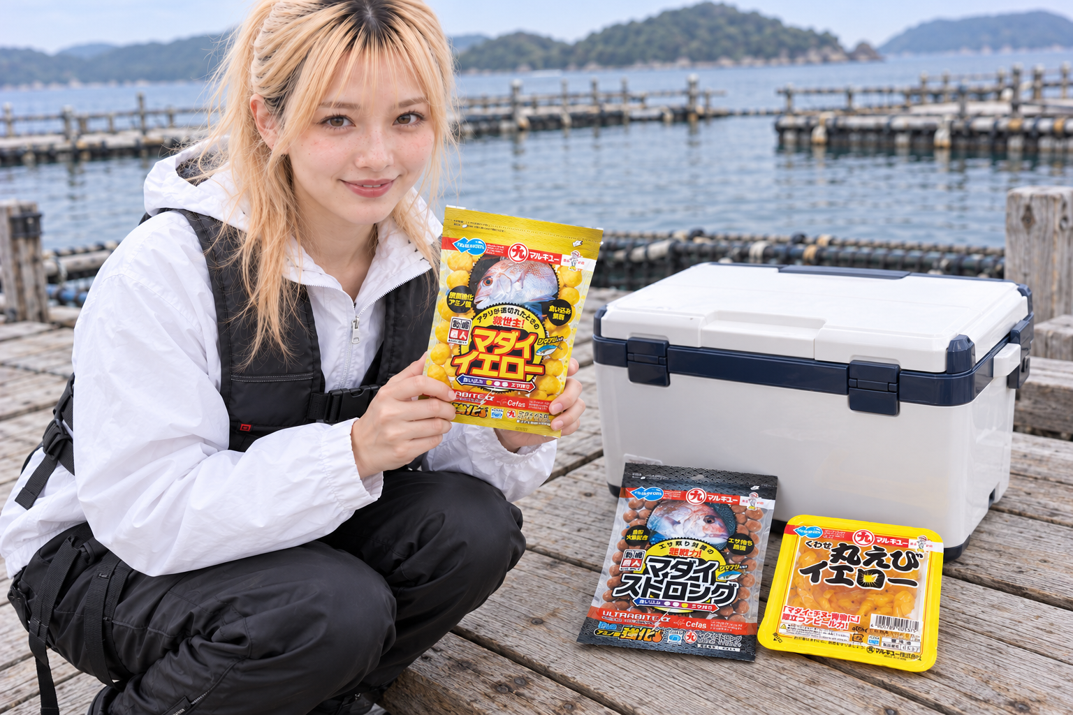 フローティングベスト姿の女性がマダイイエローを持ち、閉じたクーラーボックスの前に練りエサとエビのパッケージを置いた様子