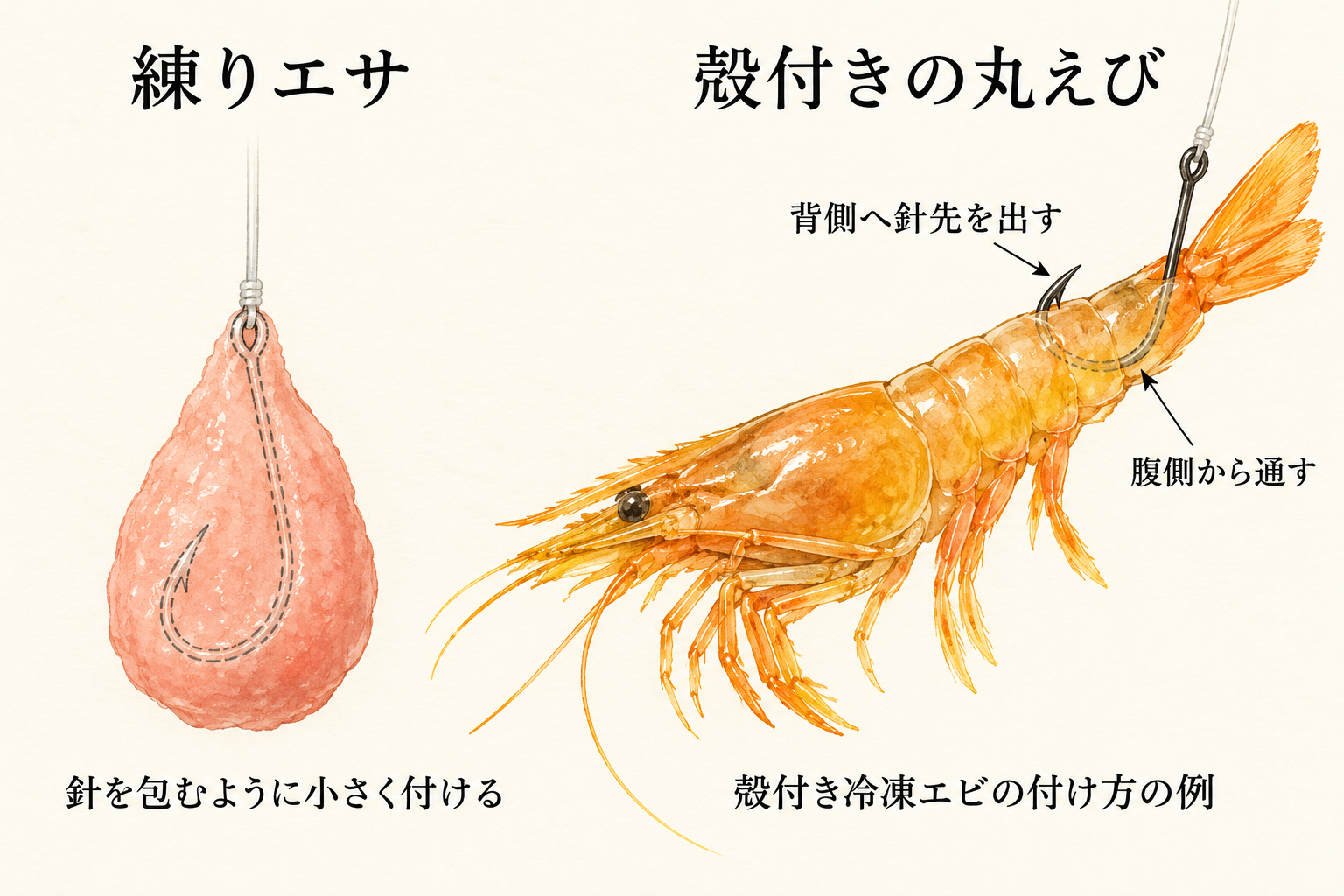 針を包んだ練りエサと、尾側へ針を付けた殻付き丸えびのイラスト