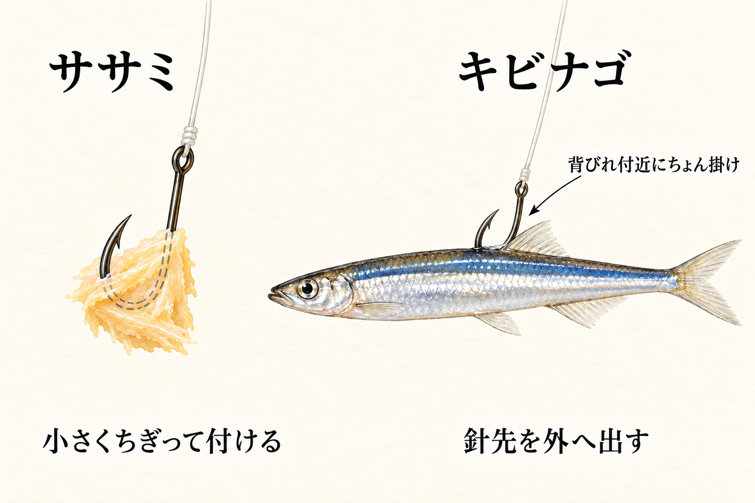 少量のササミを付けた針と、背びれ付近へ針を掛けて針先を外へ出したキビナゴのイラスト