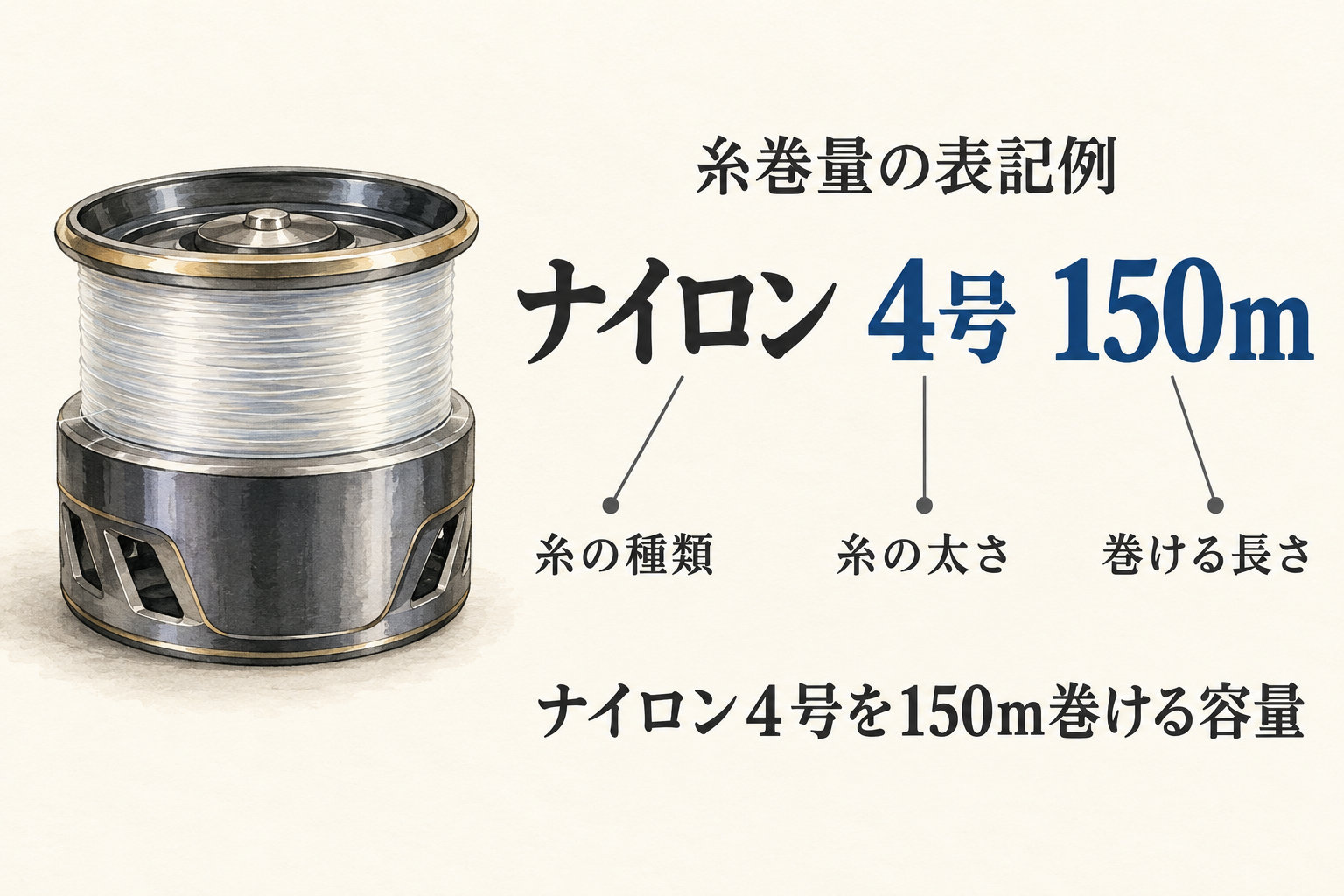 糸巻量の表記例。ナイロンは糸の種類、4号は太さ、150mは巻ける長さを示す