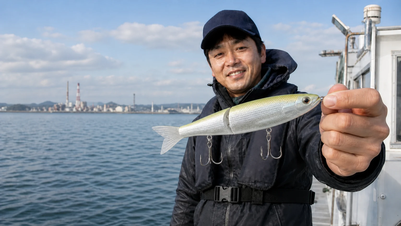 178〜190mm・2oz前後のシーバス用ビッグベイトを持つ釣り人