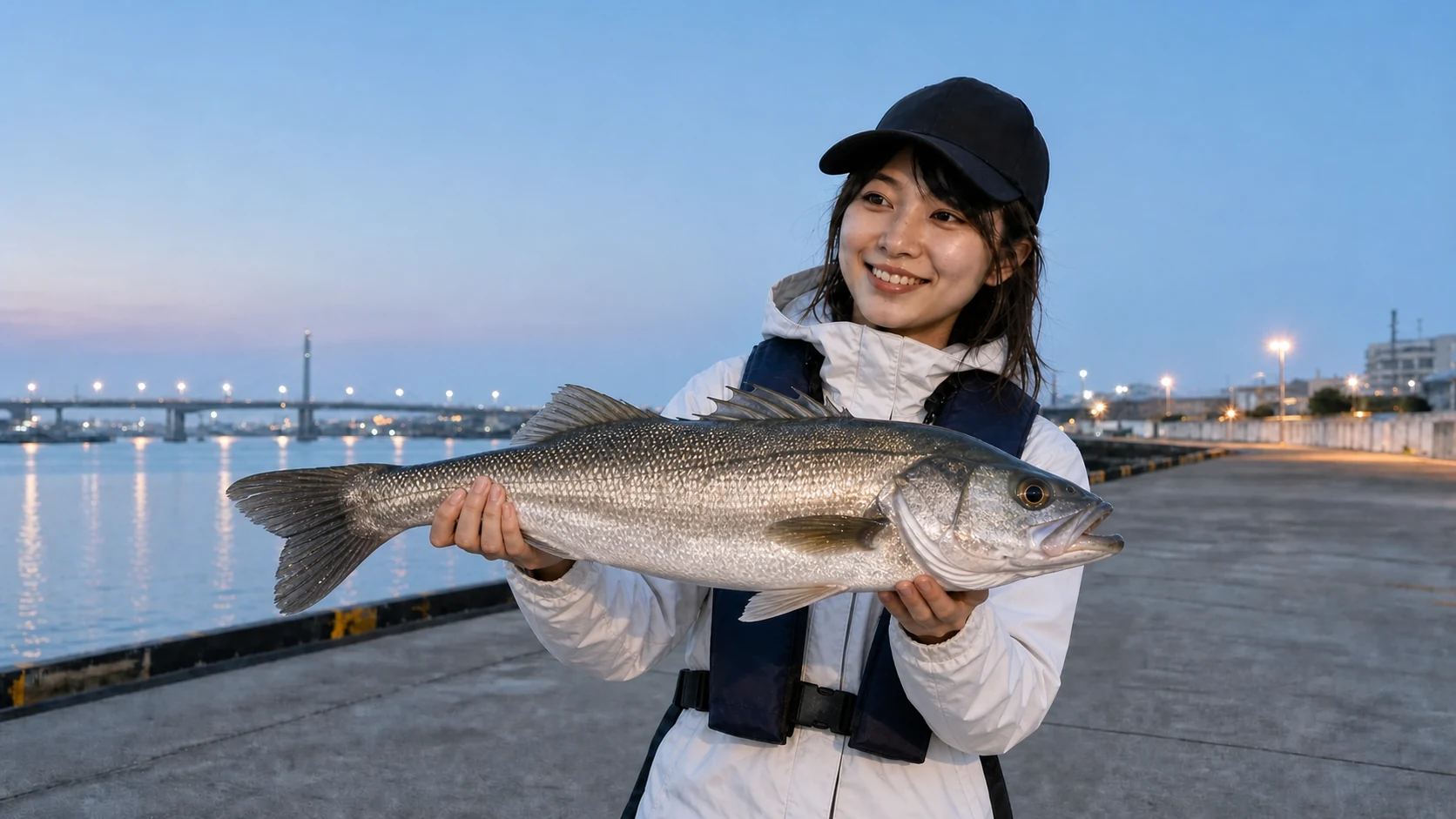 港で釣ったシーバスを両手で持って釣果を見せる女性