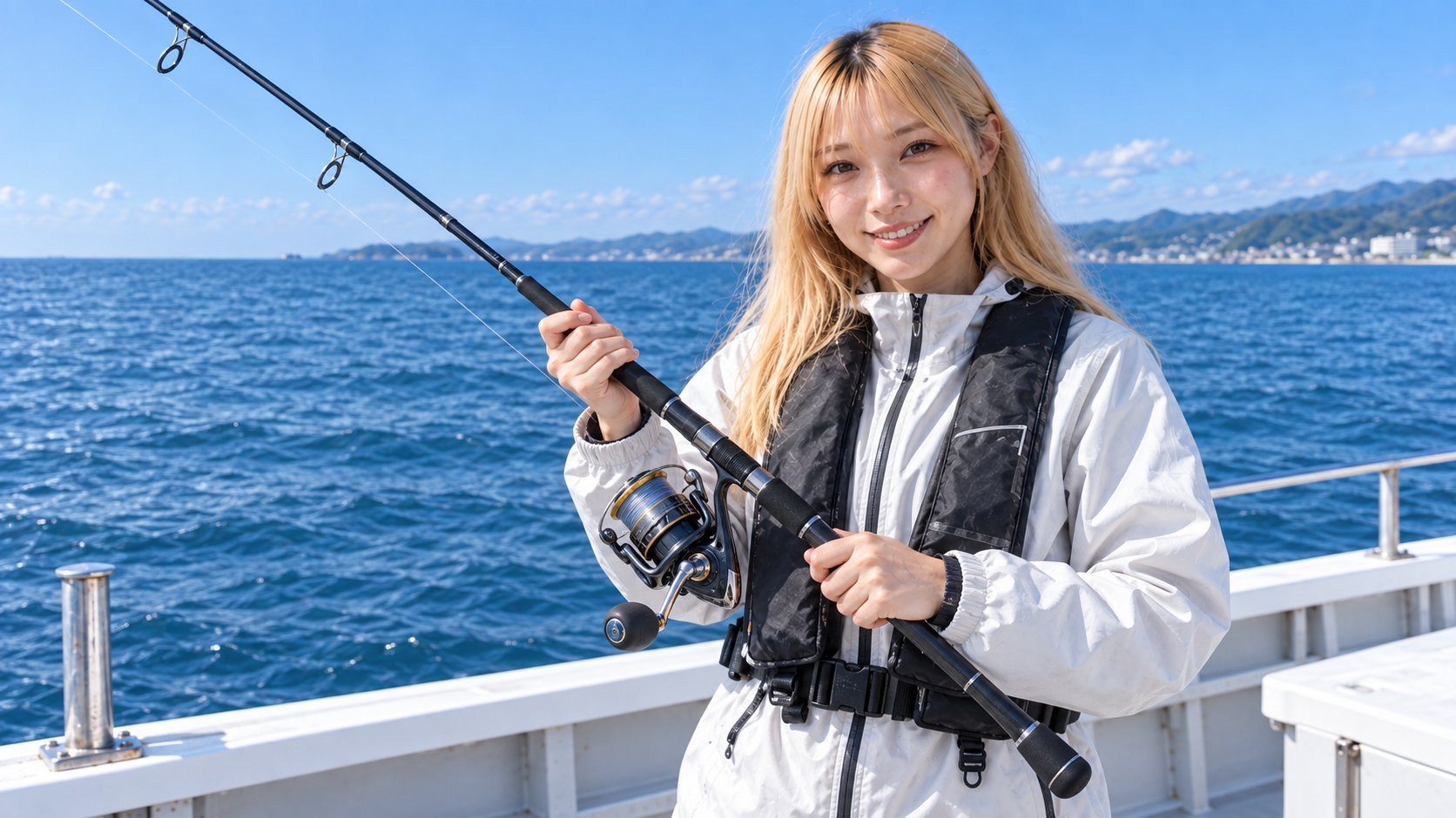 船上でスピニングタックルを持つ女性アングラー