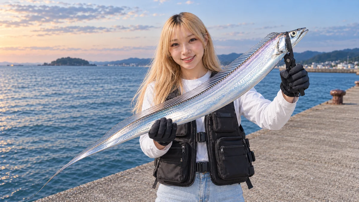 堤防で黒いフローティングベストを着た女性が、フィッシュグリップでタチウオを保持し、もう片方の手で胴を支えて見せている