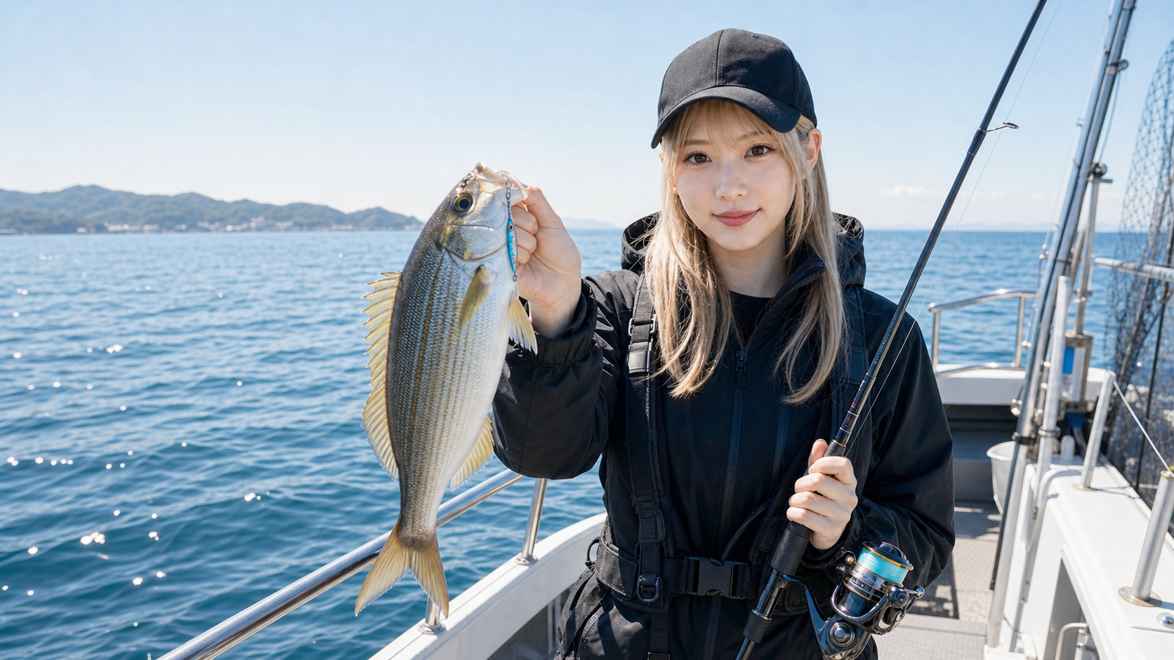 SLJでイサキを釣り上げた船上のアングラー