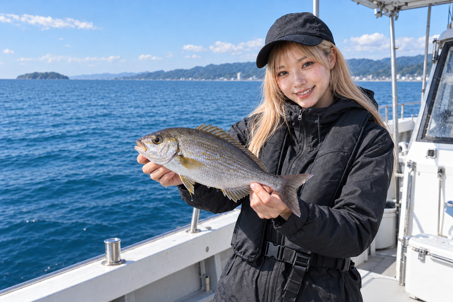 SLJで釣れたイサキを船上で持つ女性