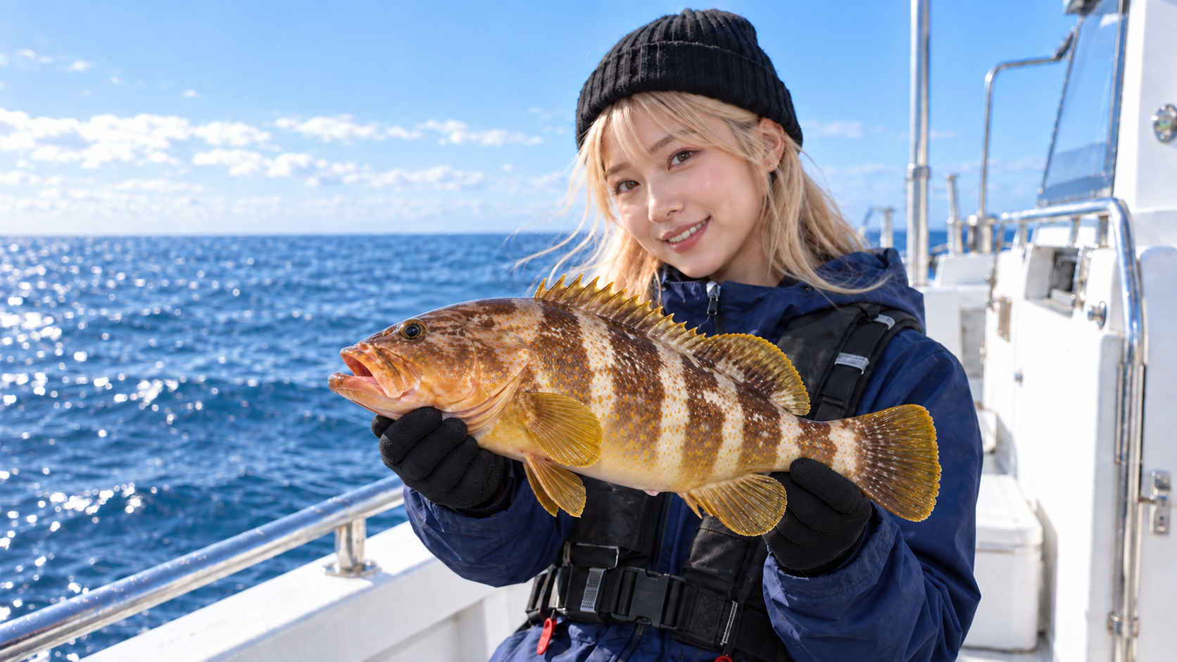 スロージギングで釣れたハタを船上で横持ちして見せる女性アングラー