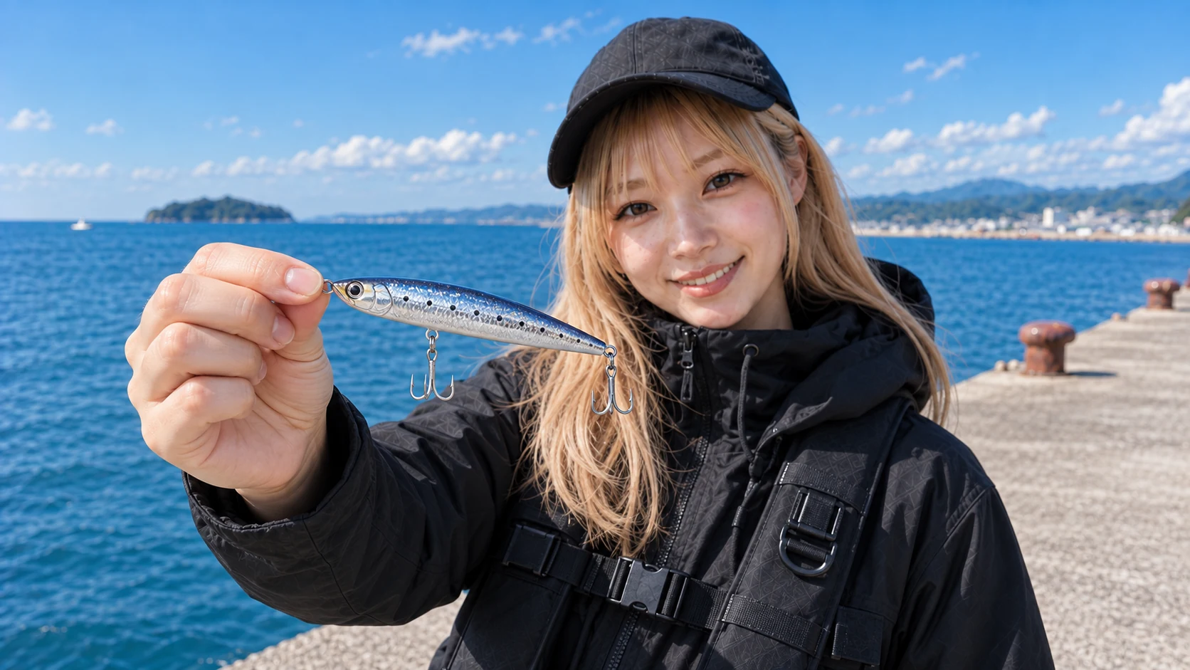 110mm前後のヘビーシンキングミノーを手に持つ女性アングラー