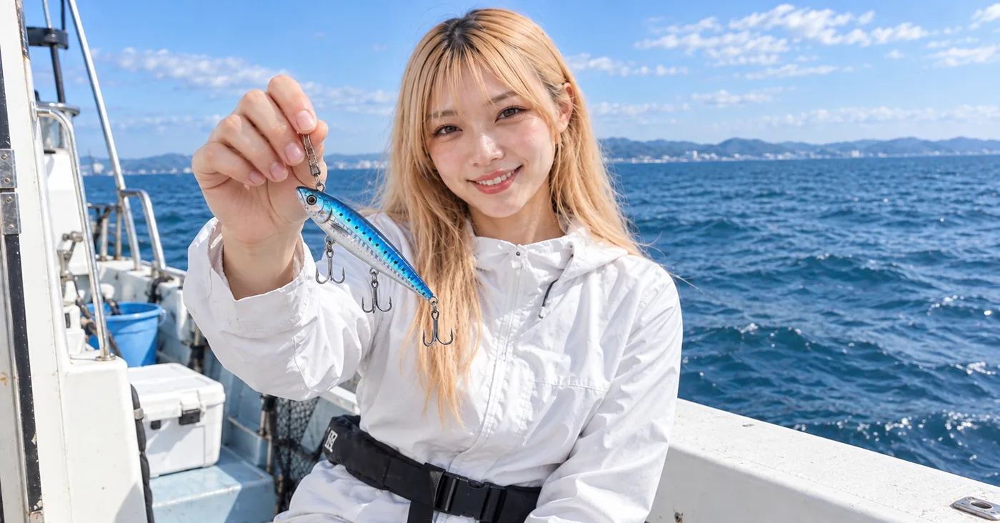 船上で青銀のサワラ用バイブレーションを手に持つ女性