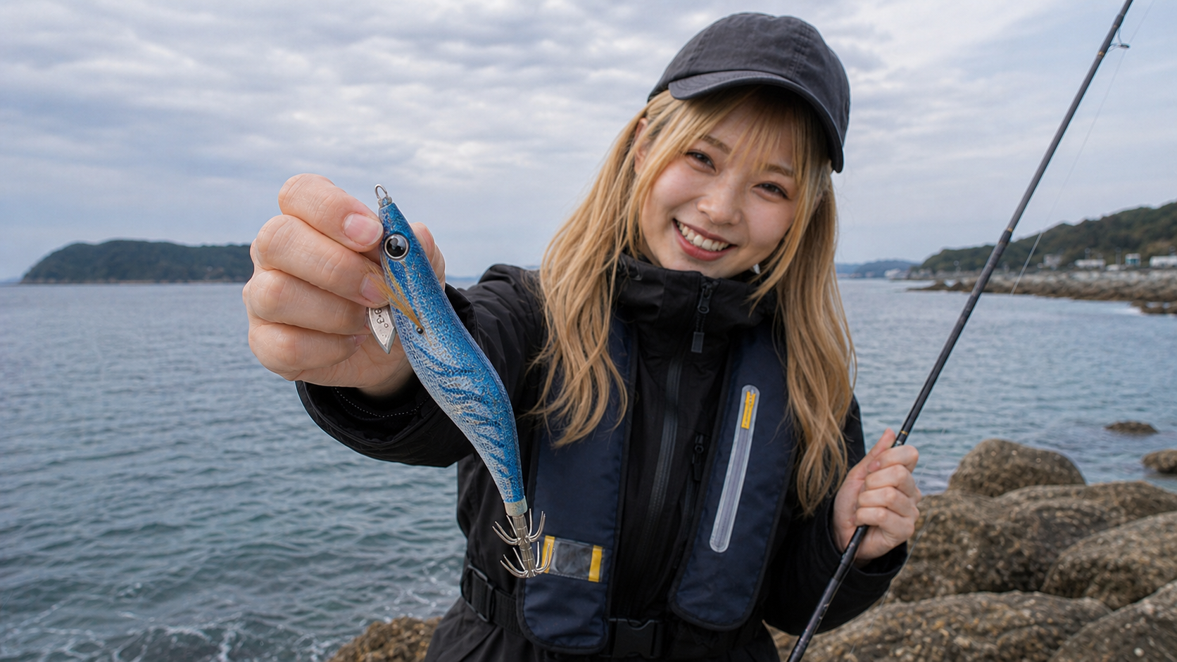 春イカ用に選ぶブルー系のシャローエギを手に持つ様子
