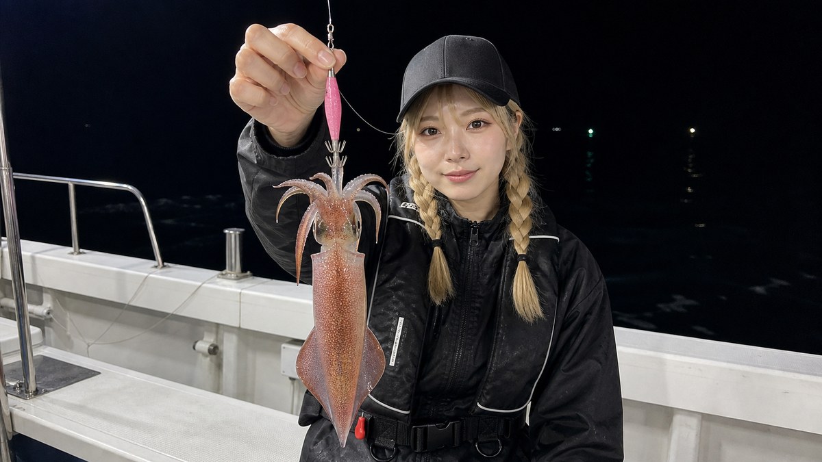 スッテに掛かったイカを船上で確認している様子