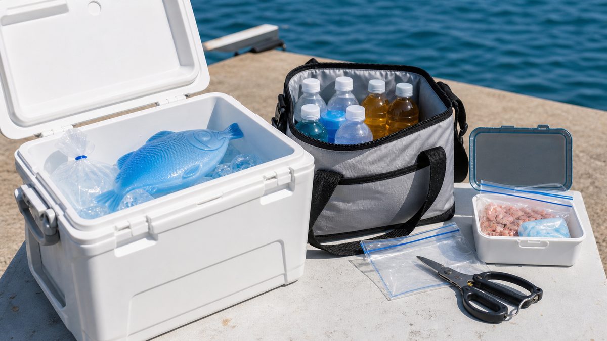 夏の釣りで魚・飲み物・エサを分けて冷やす持ち物