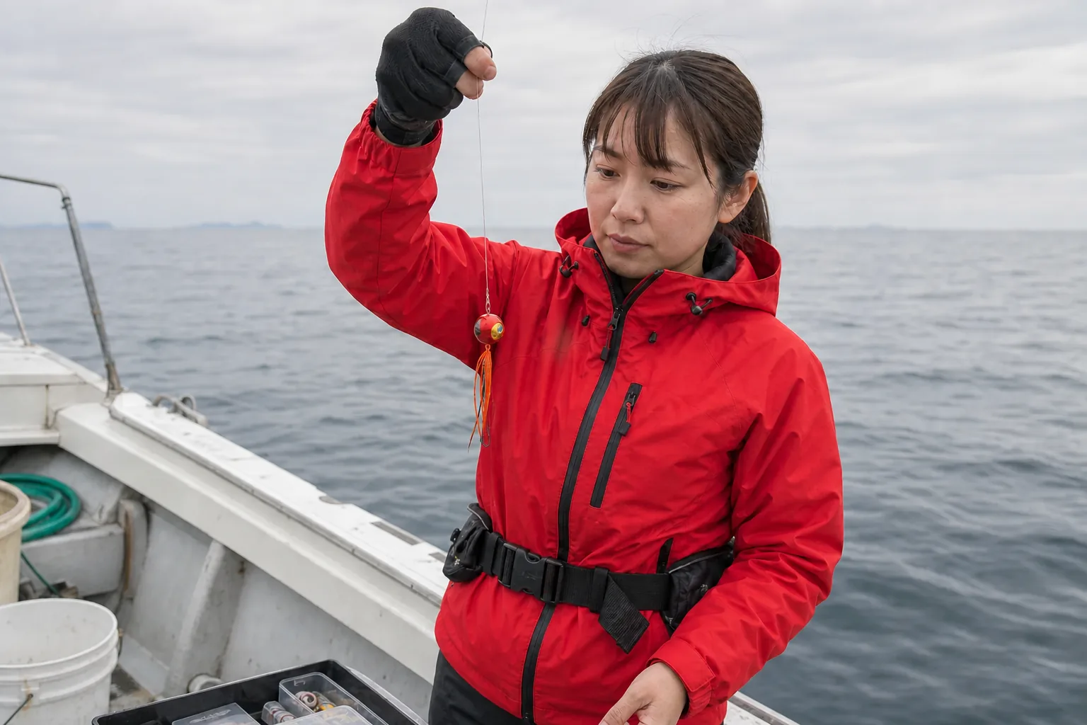 船上でタイラバのネクタイと小型フックを点検する女性アングラー